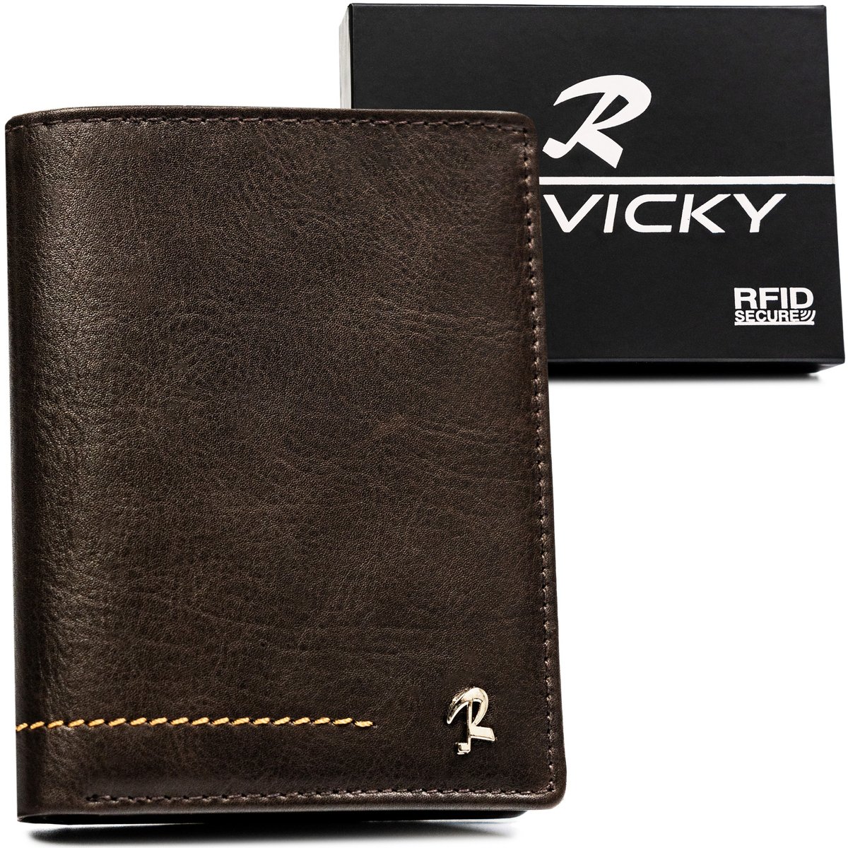 Portfel męski pionowy bez zapięcia ze skóry naturalnej duży i funkcjonalny brązowy elegancki prezent antykradzieżowy ochrona kart RFID ROVICKY