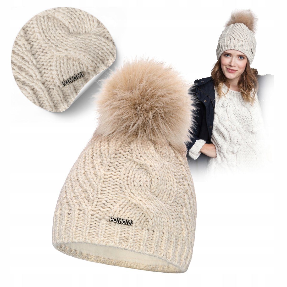 Czapka Zimowa Damskie Beżowa PaMaMi Uniwersalna z Ociepleniem