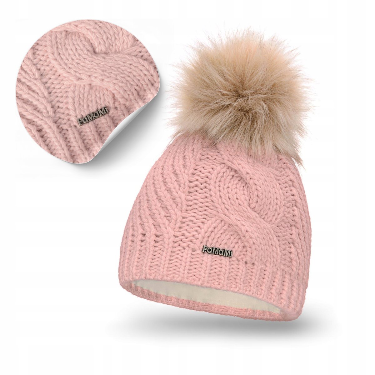 Czapka Zimowa Damskie Pudrowy Róż PaMaMi z Pomponem i Polarem Wewnątrz