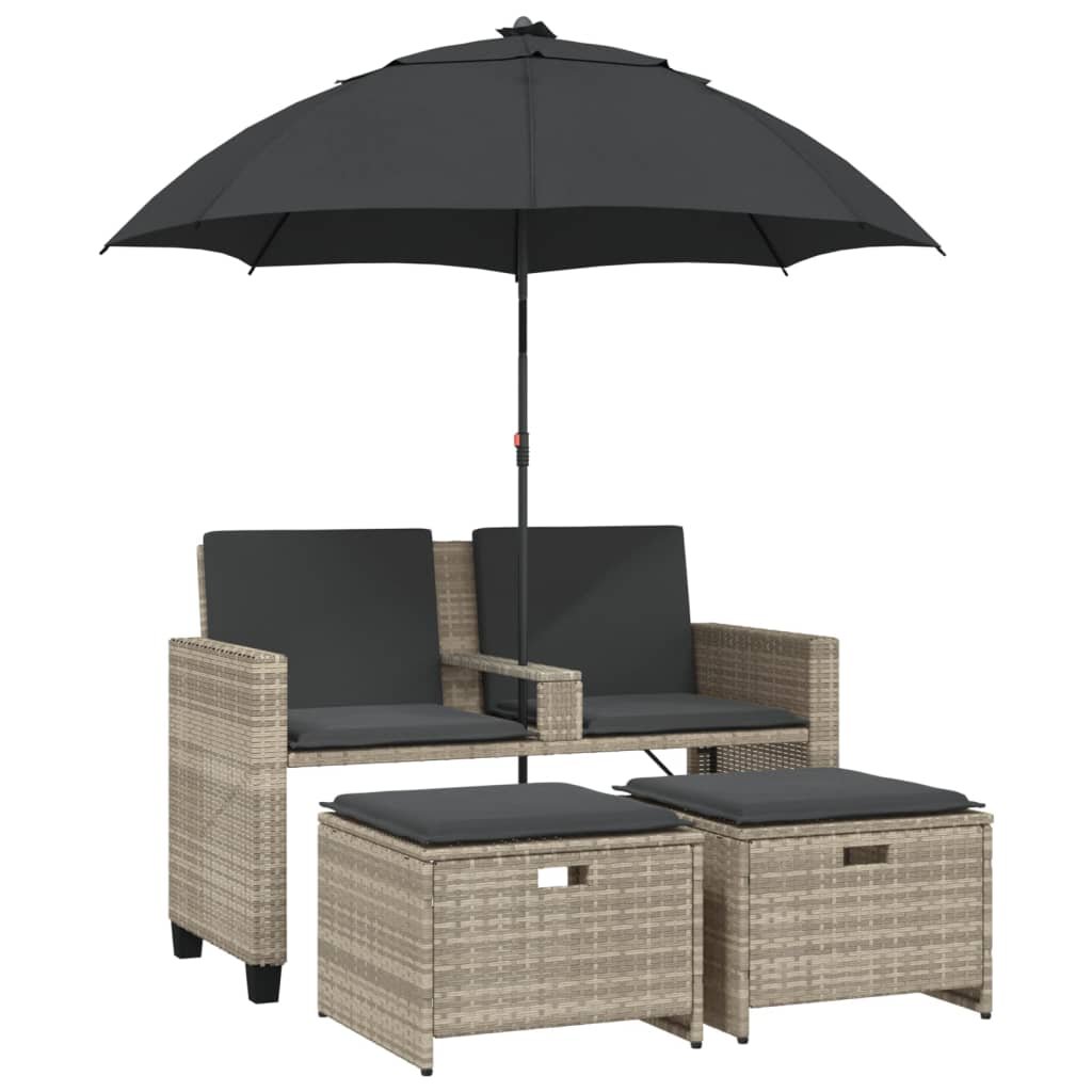 vidaXL 2-os. sofa ogrodowa ze parasolem i stołkami, jasnoszara