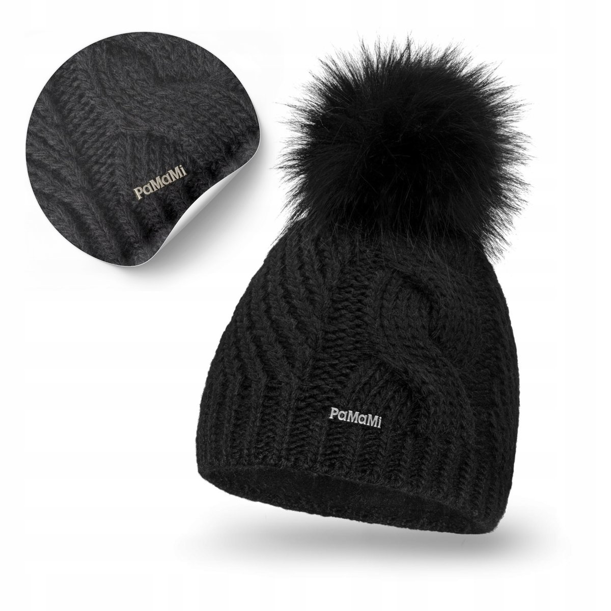 Czapka Zimowa Damskie Czarna z Pomponem Ciepła PaMaMi z Ociepleniem Polarem