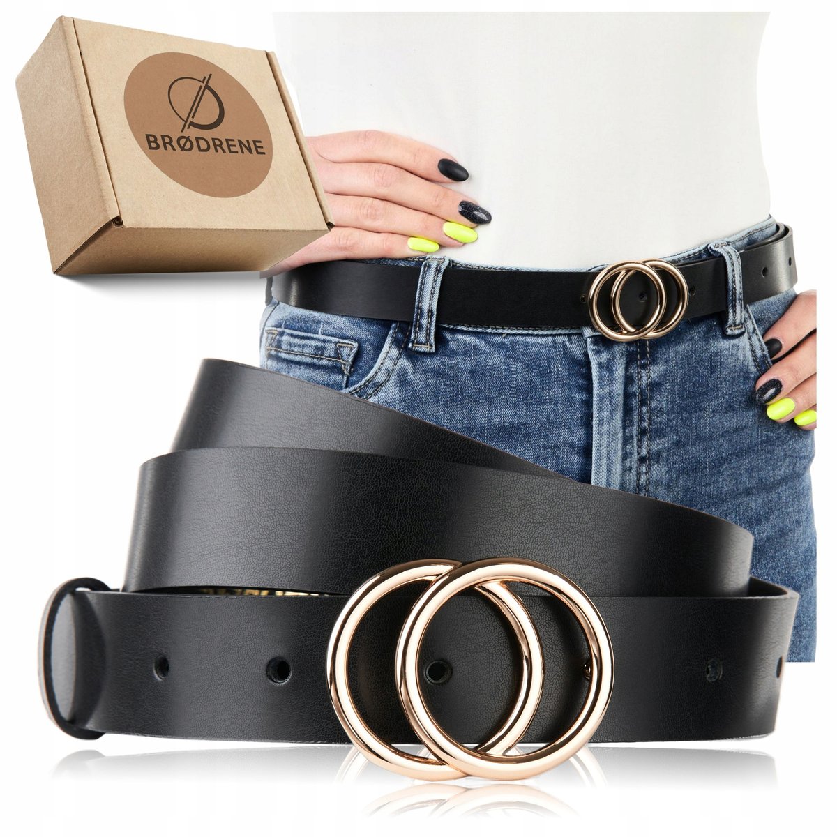 Pasek Skórzany Damski Brodrene Czarny Złota Duża Klamerka Modna 95cm