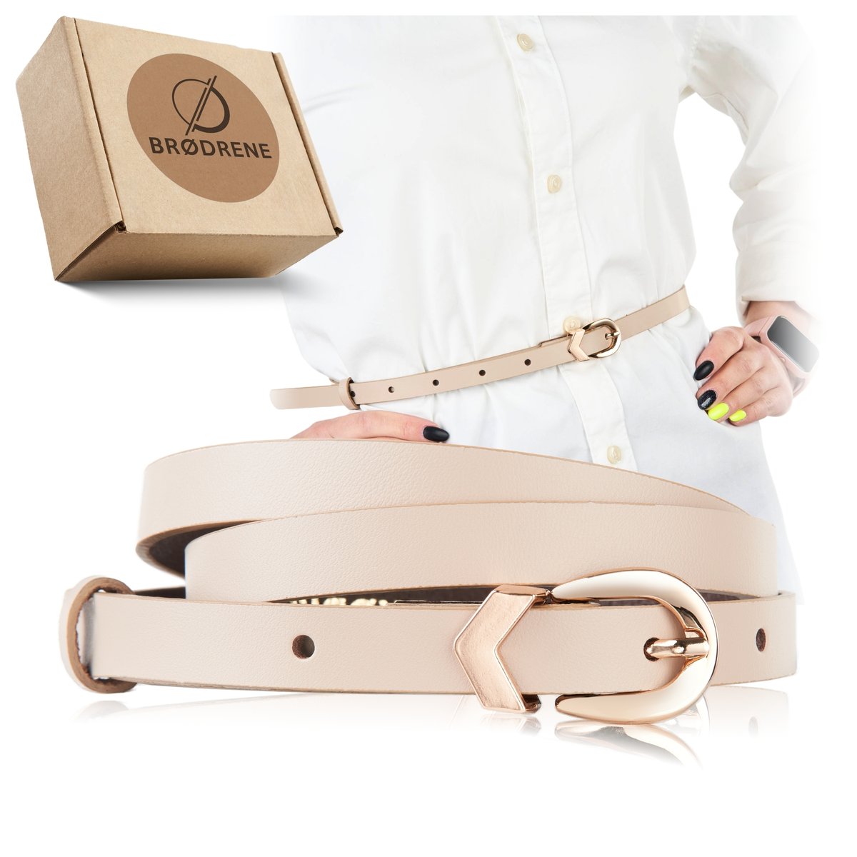 Pasek Skórzany Damski Beżowy Wąski Modny Elegancki do Koszuli Spodni 90cm