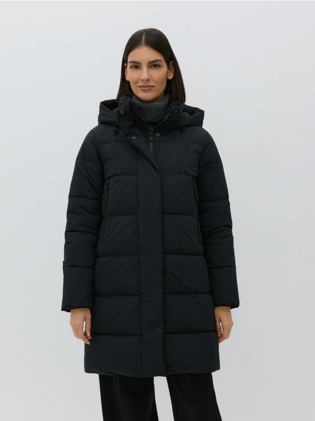 Reserved - Długa pikowana kurtka z kapturem - czarny