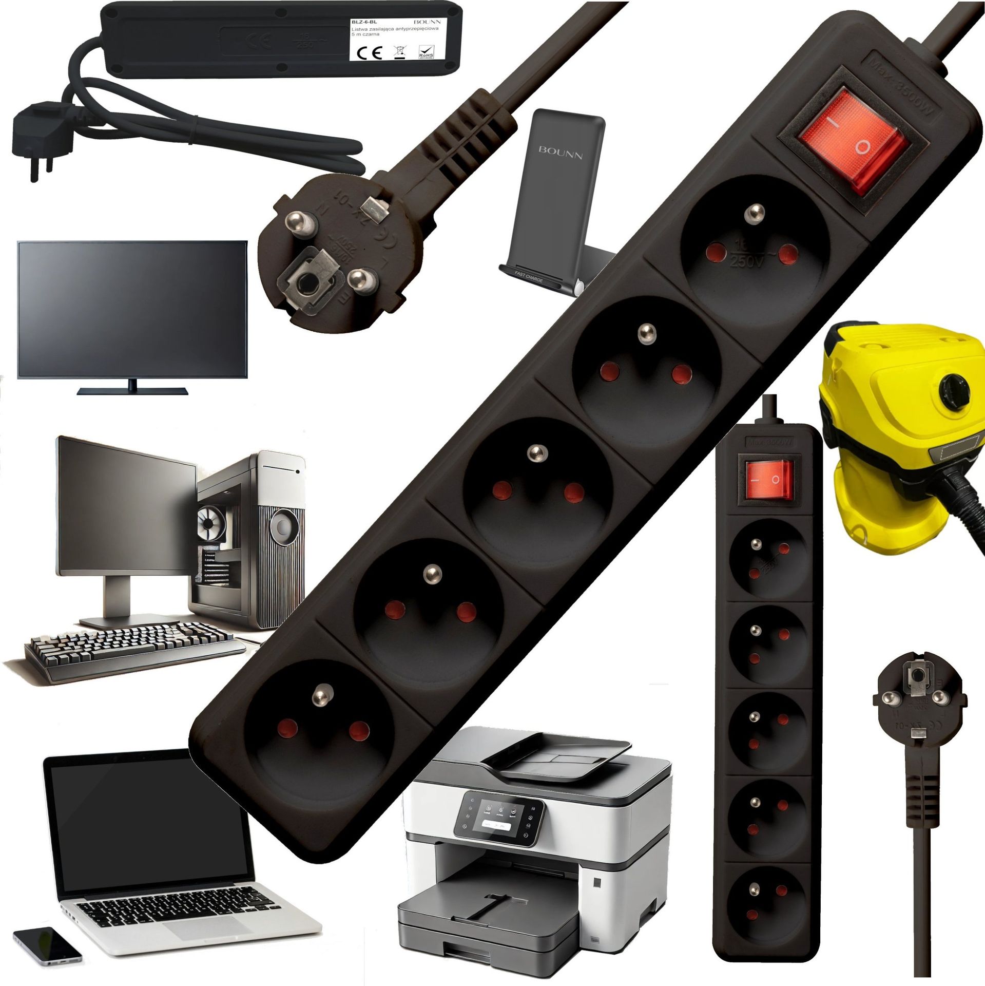 Listwa zasilająca Bounn BOUNN listwa zasilajÄ ca antyprzepiÄciowa 5 gniazd 5 m czarna 16A