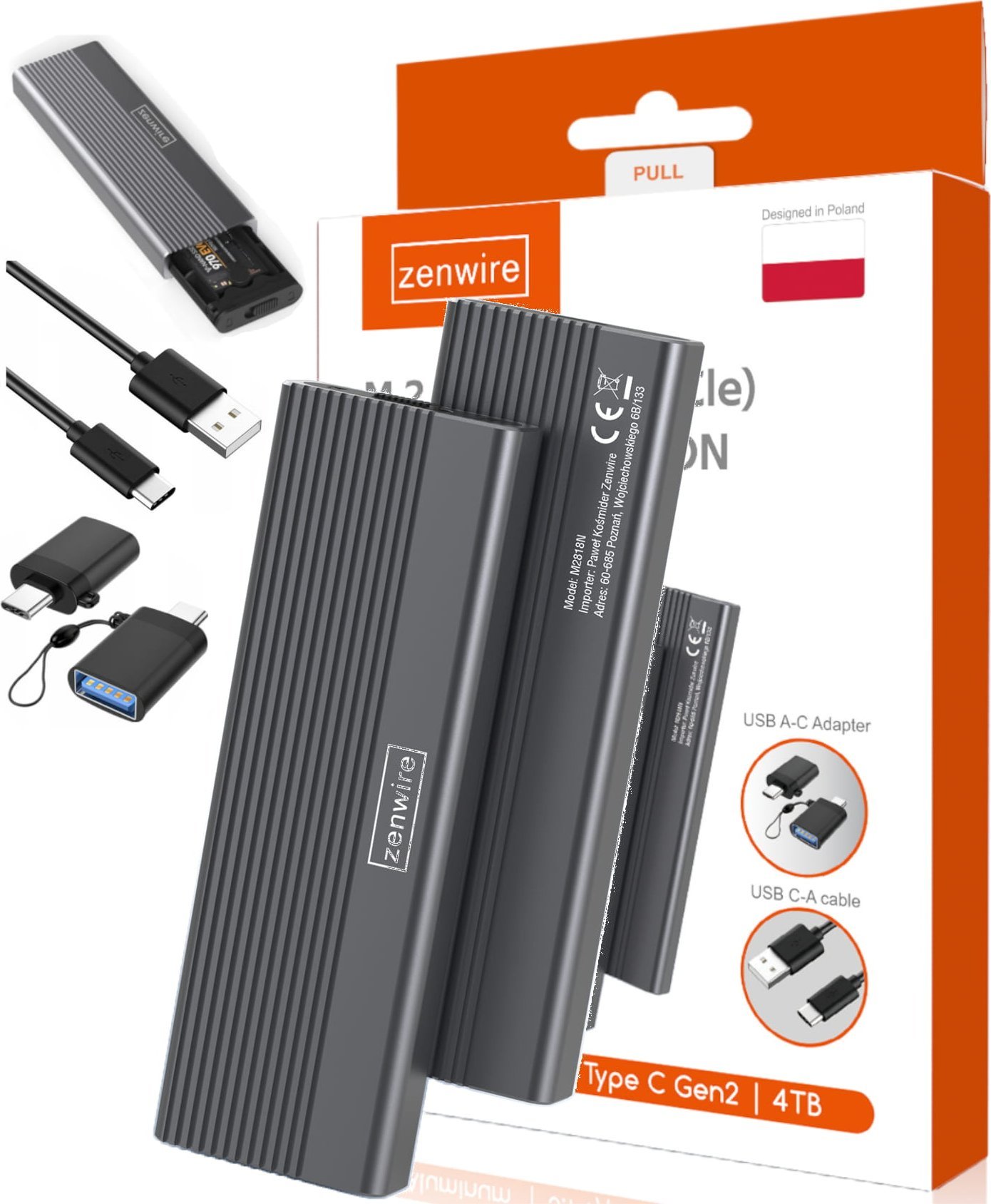 Kieszeń Zenwire Obudowa Adapter Dysku SSD M2 NVMe PCIe 2W1 USB 3.0 USB-C 10 Gbs Kieszeń m.2 Zenwire 2818N
