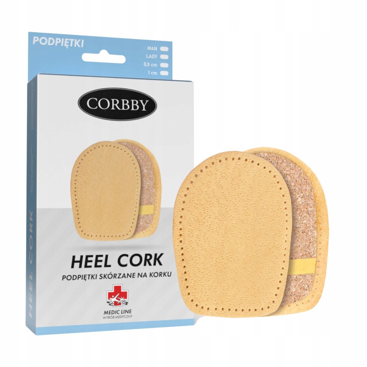 Podpiętki Korkowe Wkładki do Butów Skóra Korek 1cm Corbby Heel r. 35-39