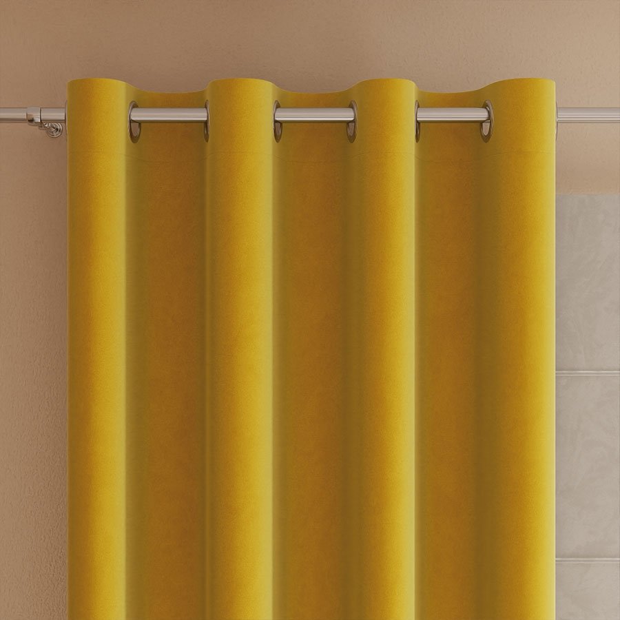 Gotowa zasłona z miękkiej welwetowej tkaniny Velvi, kolor żółty na przelotkach 140x230 cm