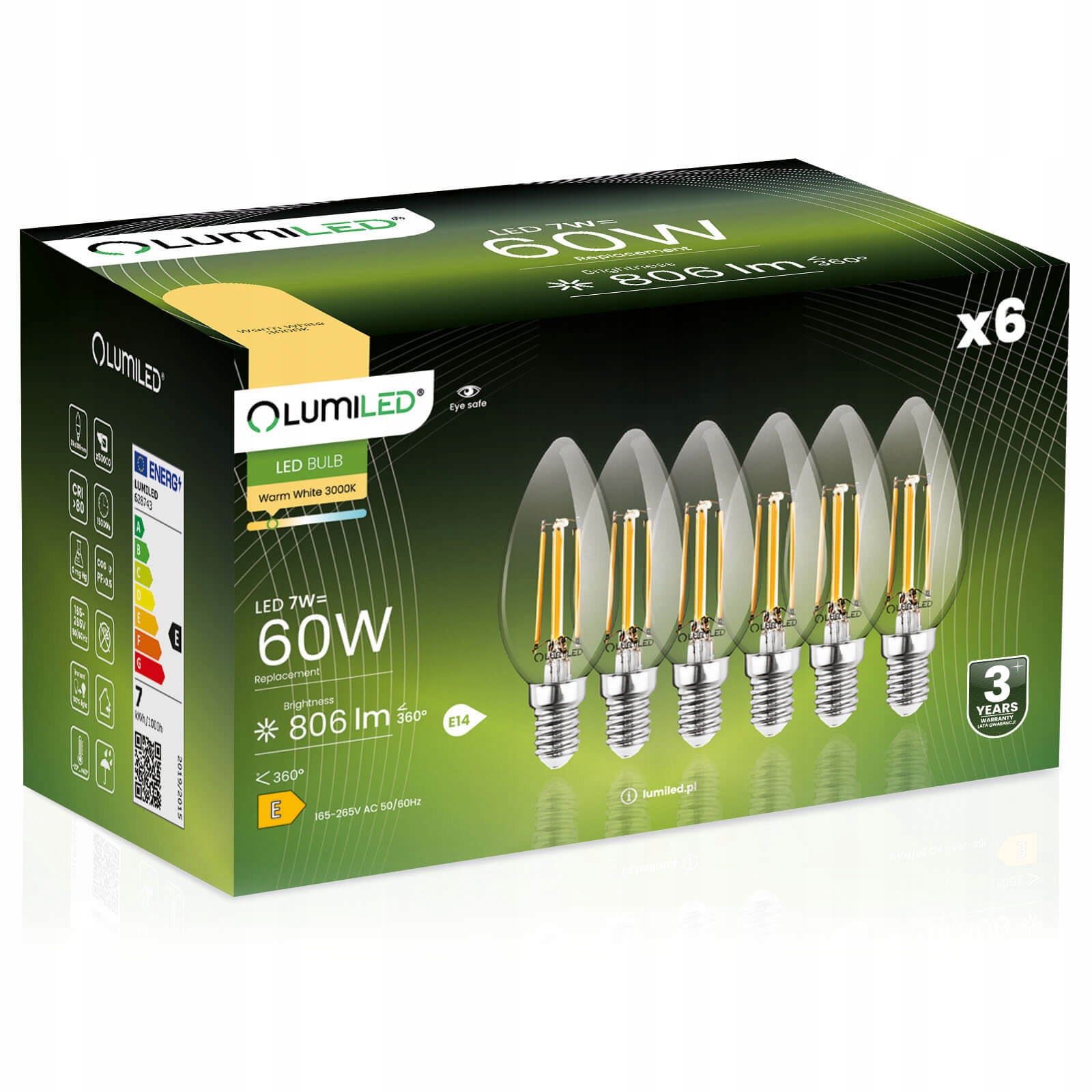 6x Żarówka Led E14 Świeca Filament 7W Lumiled 3000