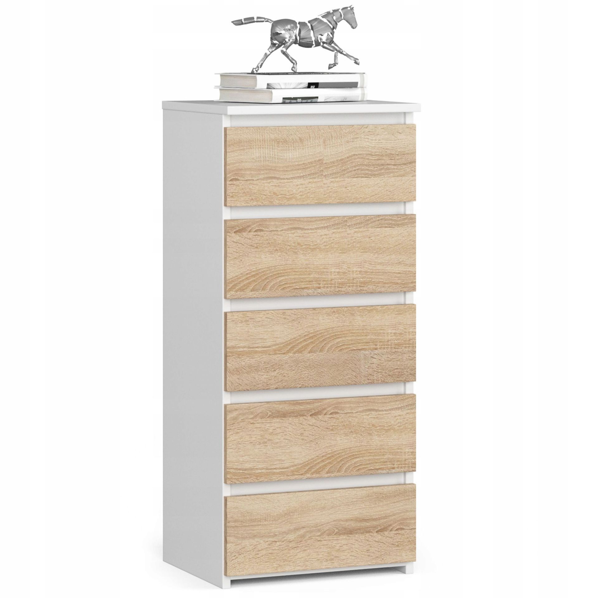 Komoda wysoka do salonu CL5 40 cm 5 szuflad szafka wąska Biała Dąb Sonoma
