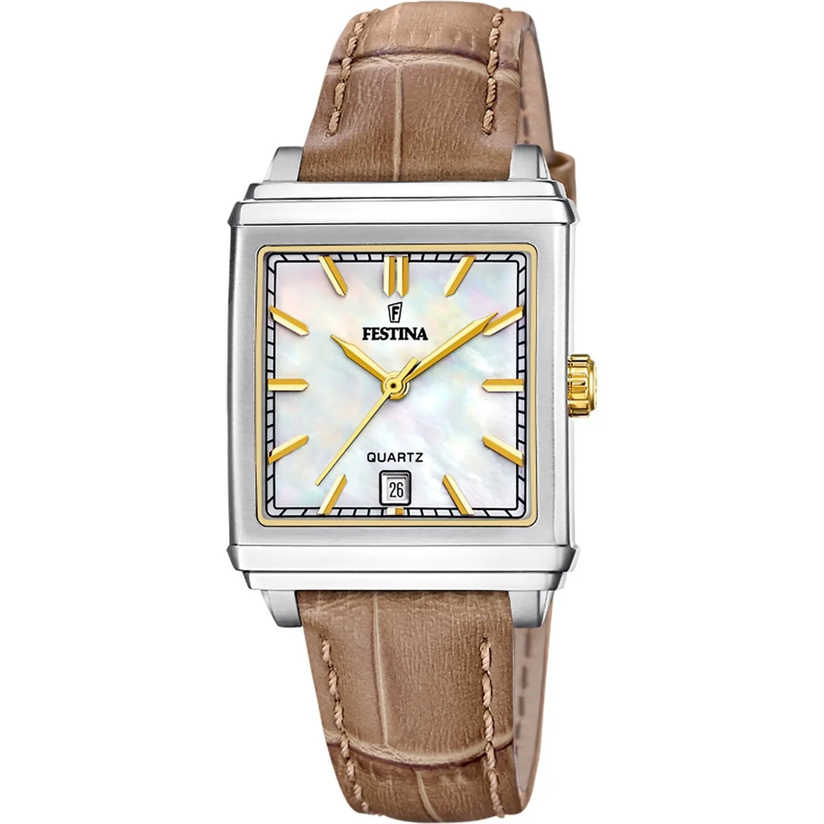 Festina Classic Bracelet 20682/4 Zegarek Damski z kwadratową kopertą na brązowym pasku