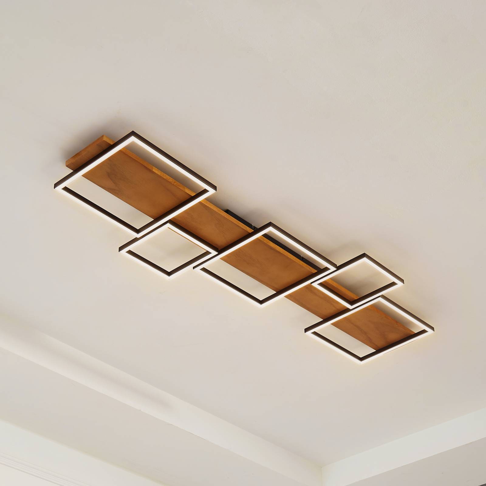 Lampa sufitowa LED Lindby Galad, biały/czarny, drewno, 5-punktowa.