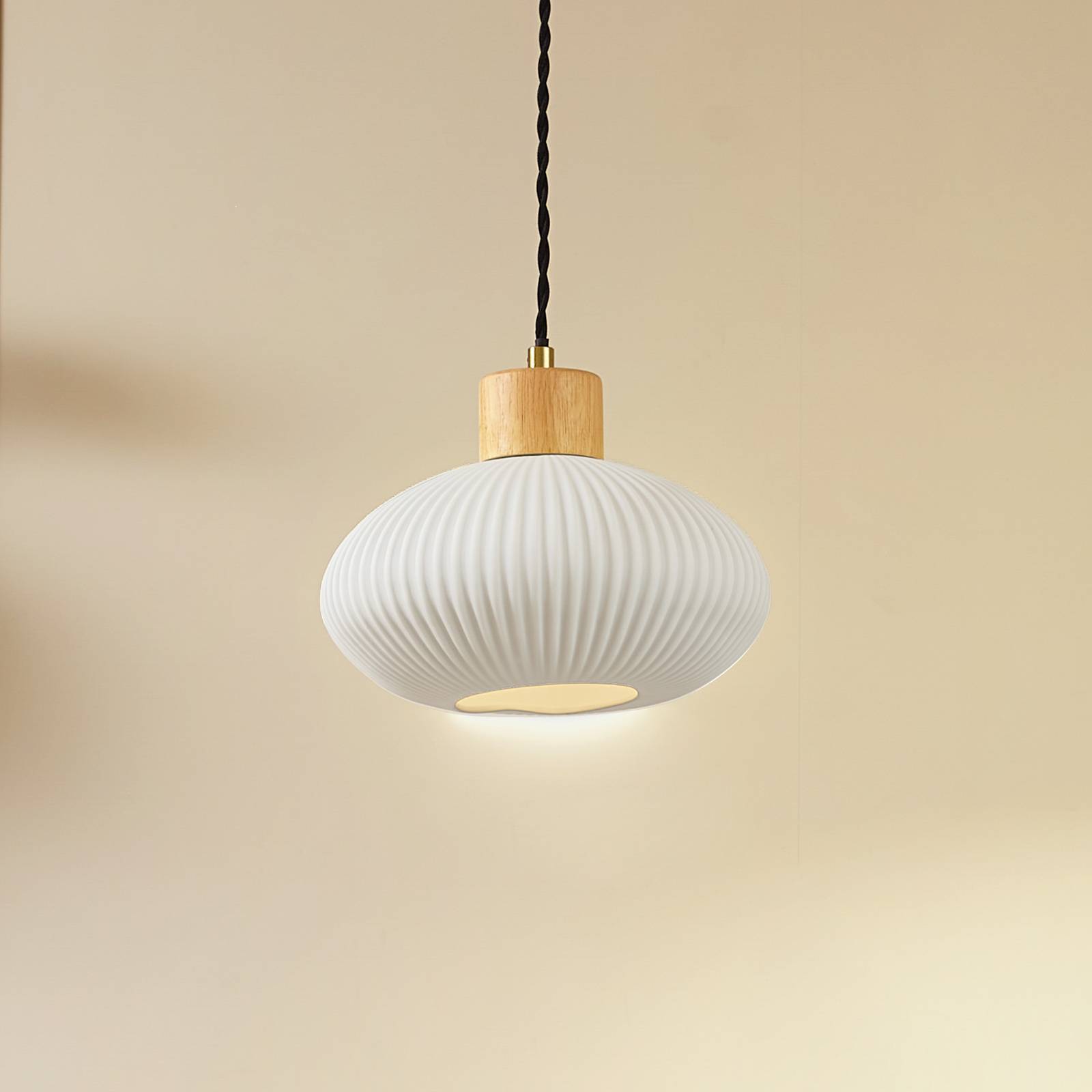 Lindby Lampa wisząca Paulie, Ø 23 cm, ceramika, drewno, biały