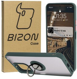 Bizon Etui z uchwytem na palec Case Hybrid Ring do Xiaomi Redmi 13 4G, przydymione z ciemnozieloną ramką