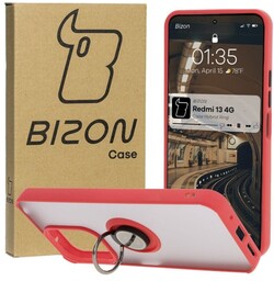 Bizon Etui z uchwytem na palec Case Hybrid Ring do Xiaomi Redmi 13 4G, przydymione z czerwoną ramką
