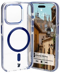 Bizon Etui z pierścieniem magnetycznym Case Marco do iPhone 15 Pro, przezroczyste z niebieską ramką