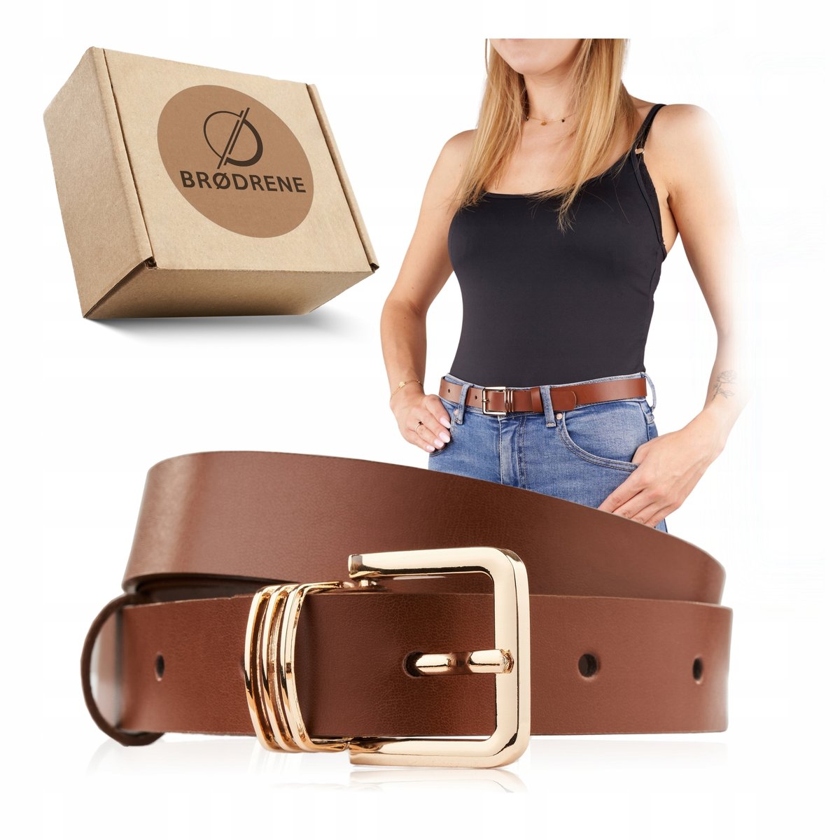 Skórzane Paski do Spodni Damskie Brodrene Brązowy ze Skóry Złota Klamra 100