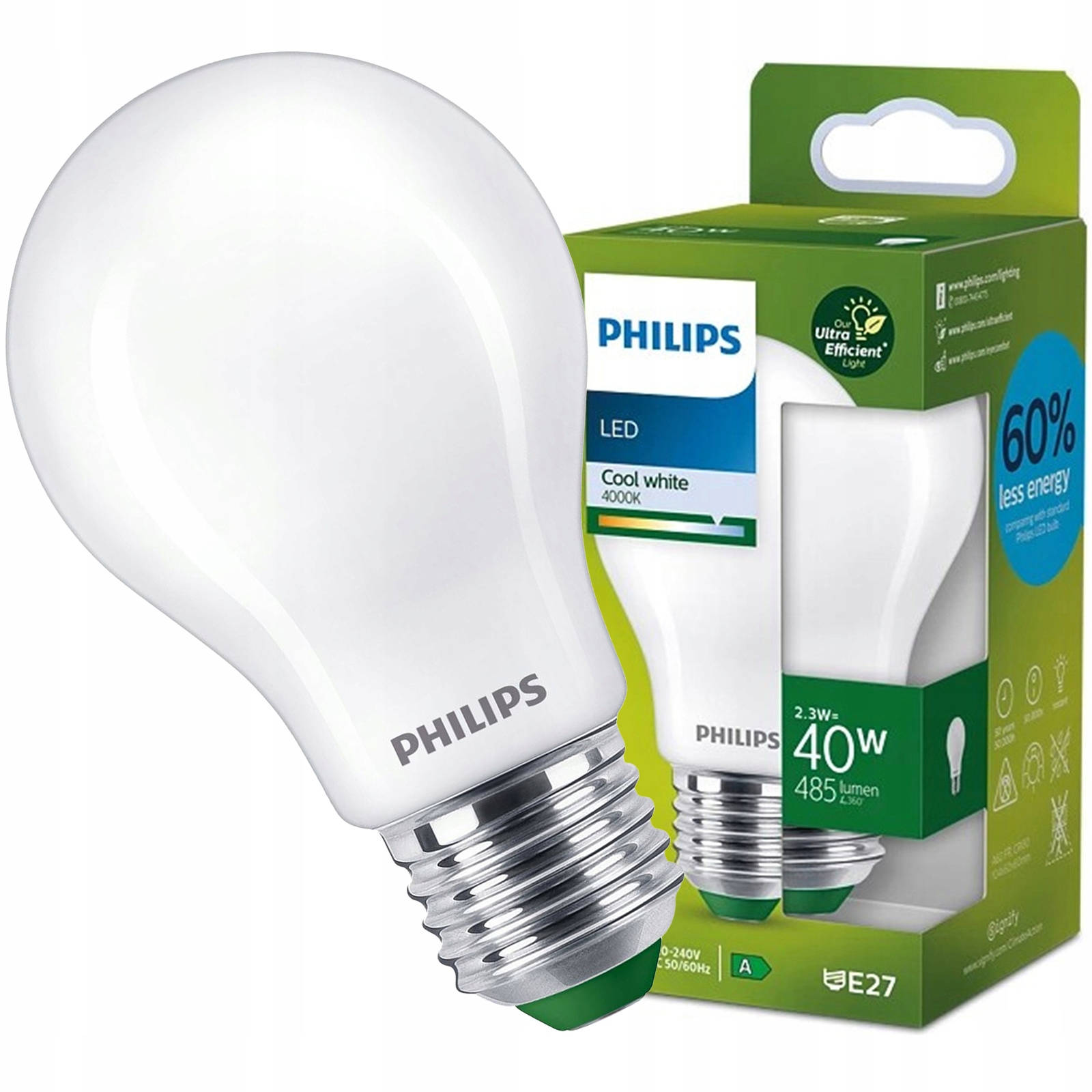 Żarówka Led E27 A60 2,3W 40W 485lm 4000K Neutralna Filament Ultra Philips