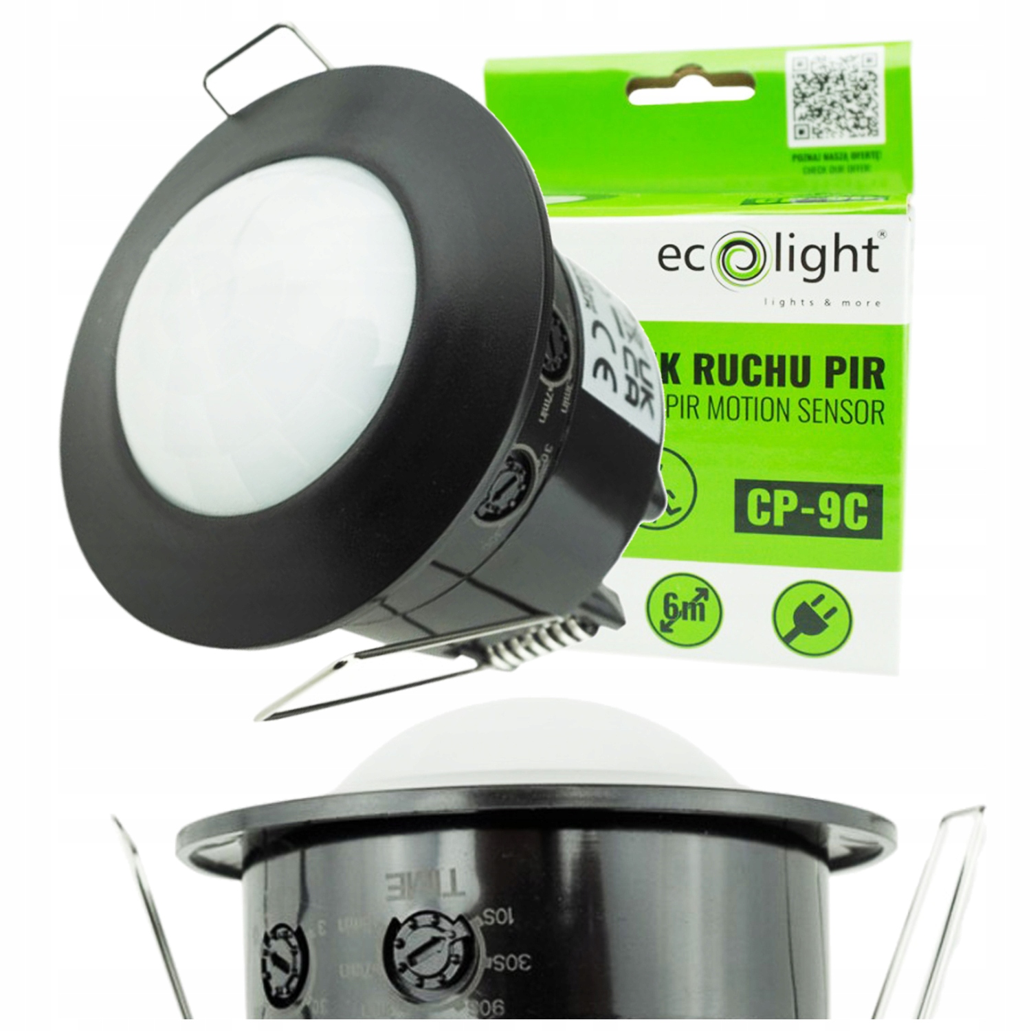 Czujnik Ruchu Pir Wpuszczany Sufitowy Czarny Led 600W Regulowany Ecolight
