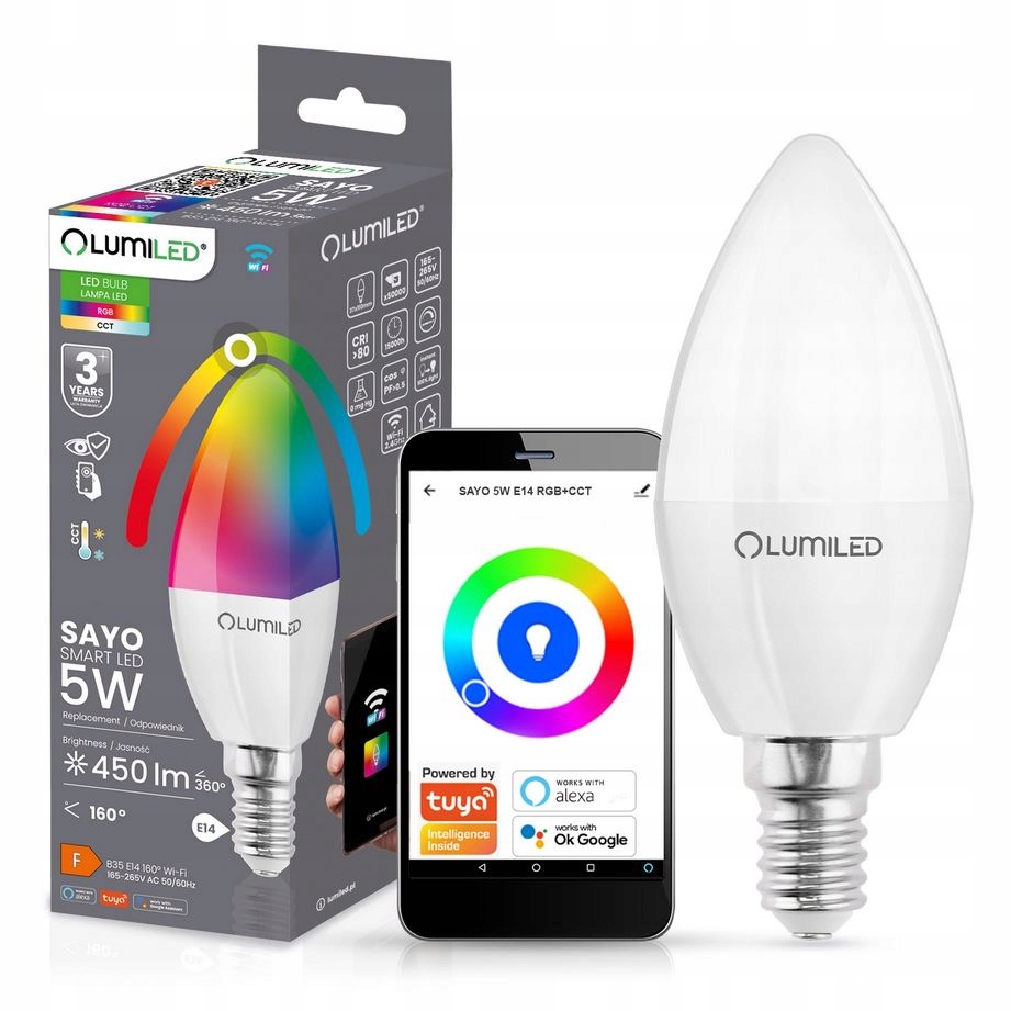 Żarówka Led E14 B35 Świeczka 5W 40W Rgb ściemnialna Cct Tuya WiFi Smart
