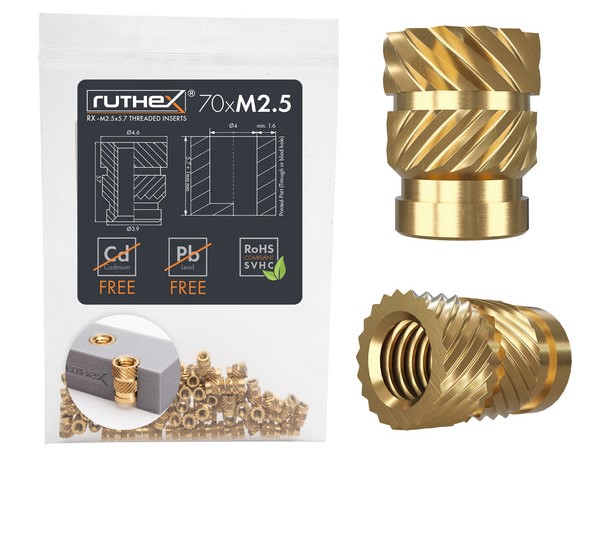 Ruthex M2.5 Threaded Insert – Rx-m2.5x5.7 - 70 Pcs