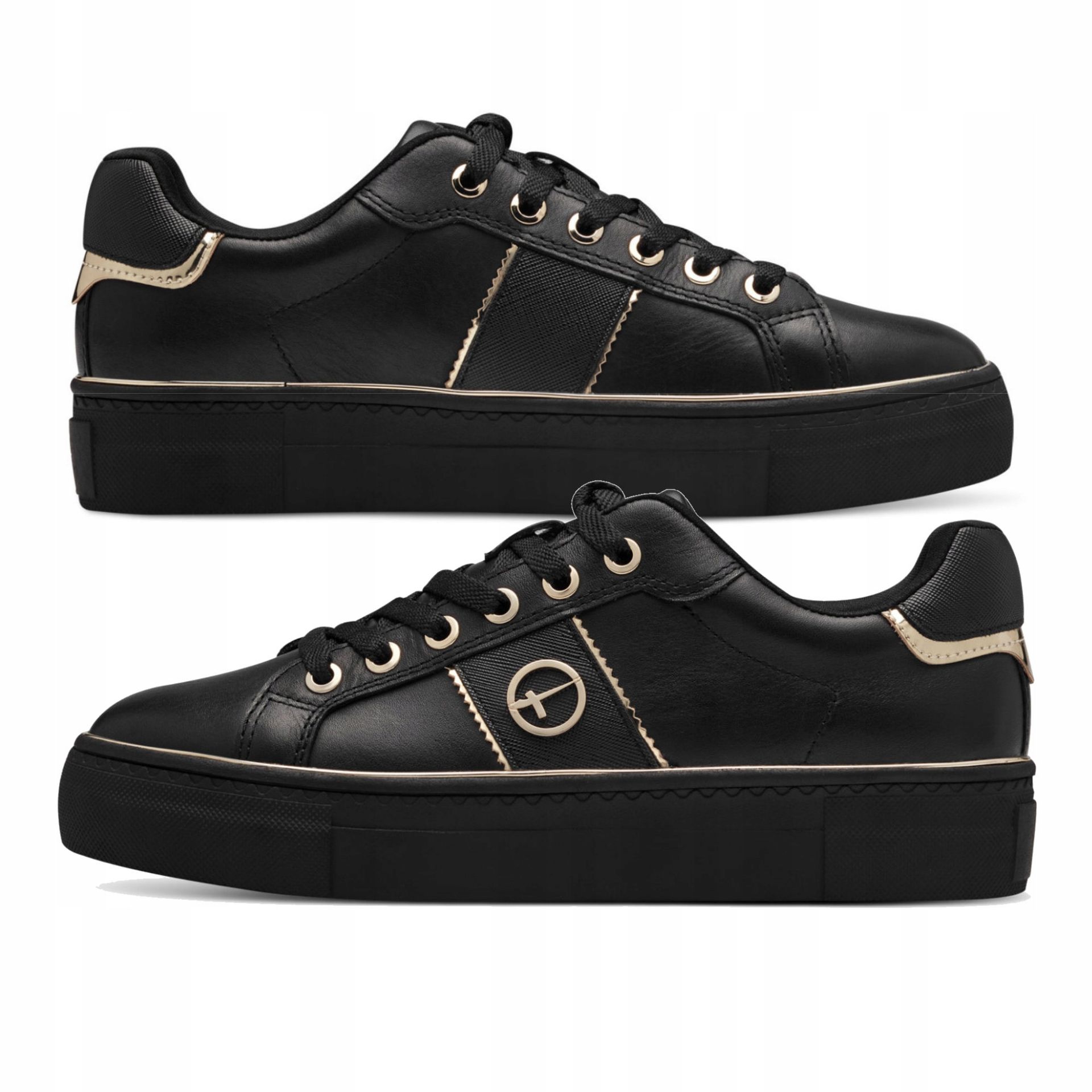 Modne półbuty tenisówki na grubym spodzie skóra czarne Tamaris r39