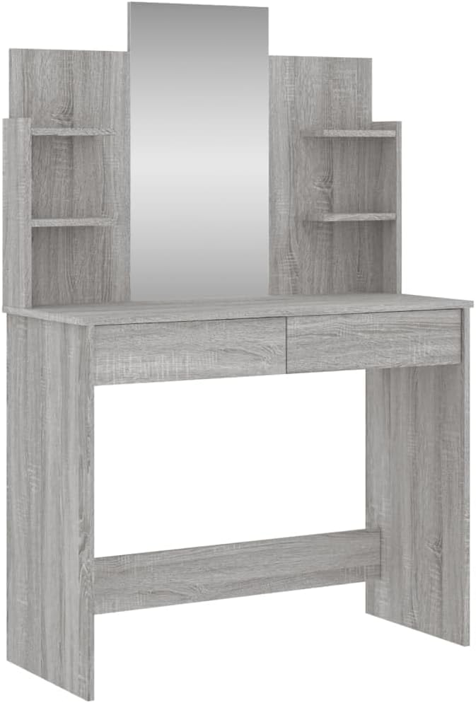 Toaletka Szara drewniana do makijażu z lustrem z szafkami półkami 96x39x142