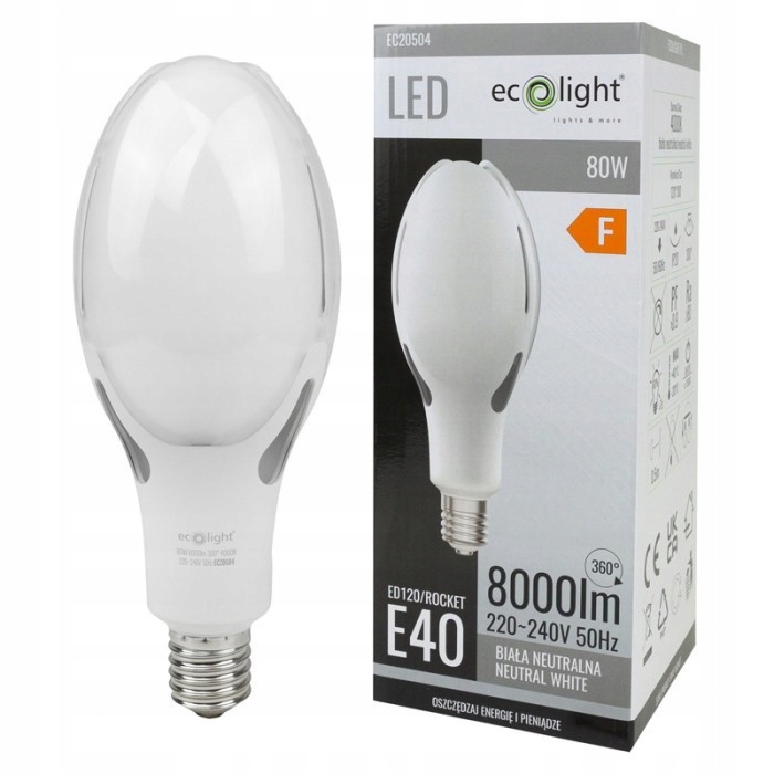 Żarówka Parkowa Uliczna Do Latarni Led Rocket E40 80W 4000K 8000lm Ecolight