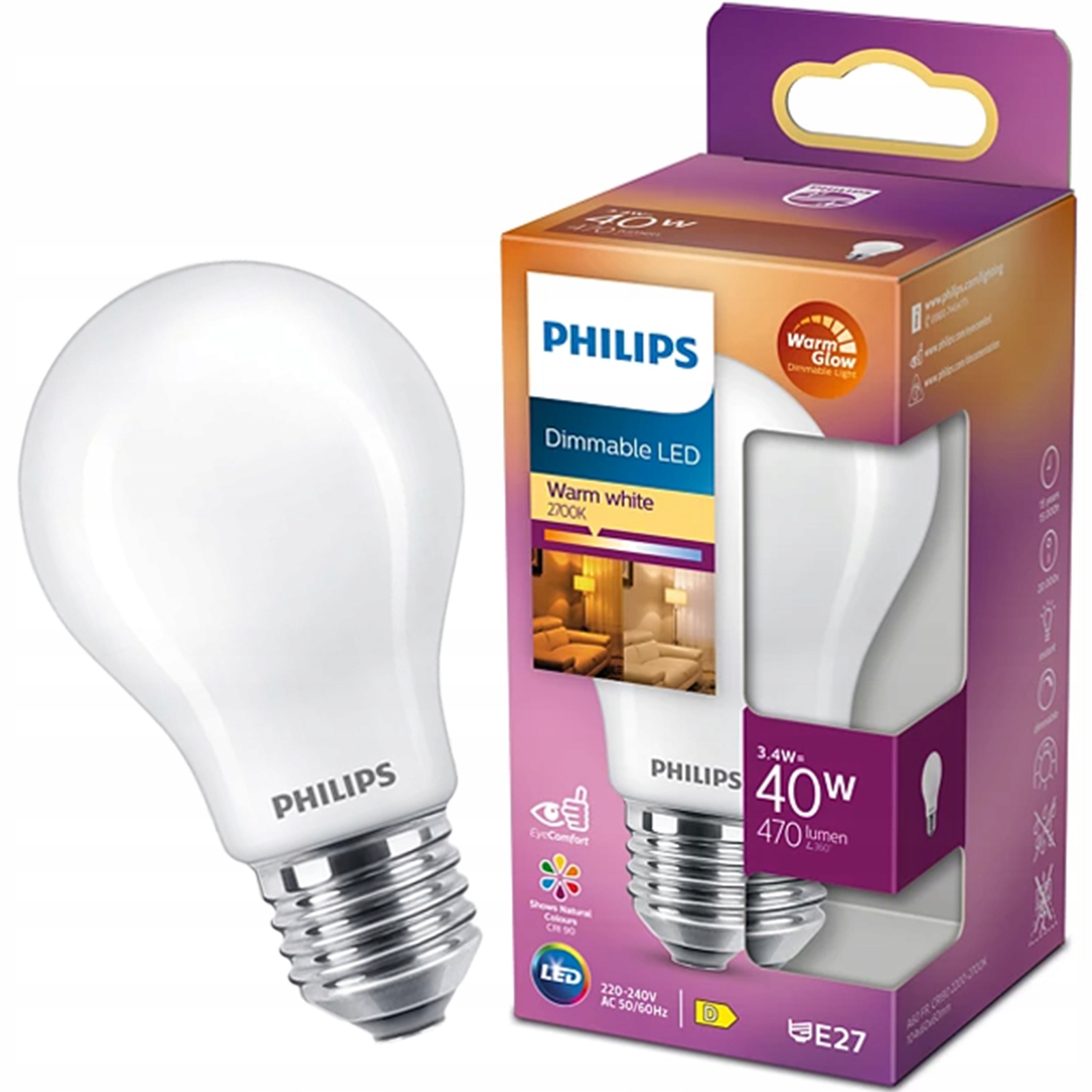 Żarówka Led E27 A60 3,4W 40W 470lm Ciepła Filament Ściemnialna Philips