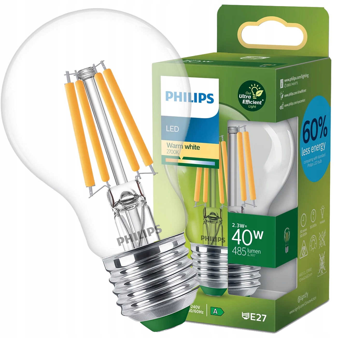 Philips Żarówka Led E27 2,3W 40W 2700K Filament Ultra Efficient 485lm A60