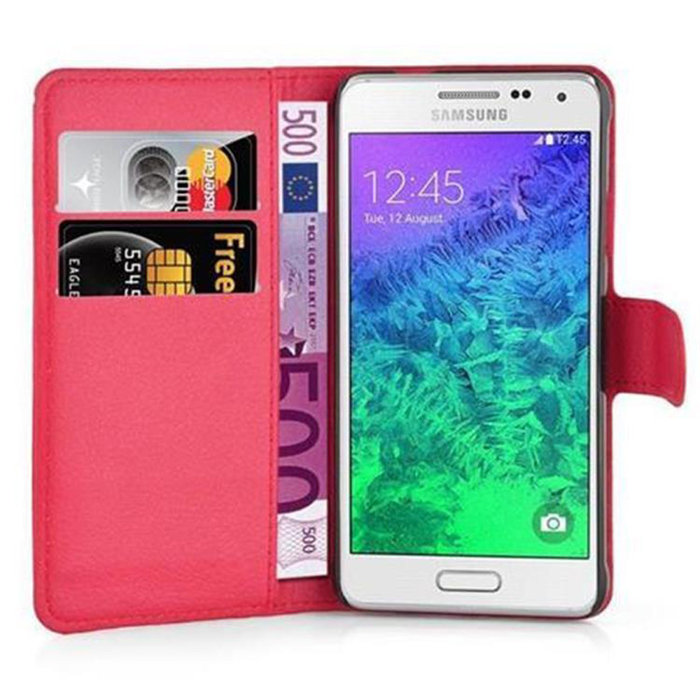 Etui Cadorabo do Samsung Galaxy ALPHA w kolorze KARMIN RED Etui na telefon komórkowy z zapięciem magnetycznym, funkcją podstawki i miejscem na kartę Etui Etui ochronne Etui z klapką w stylu książki