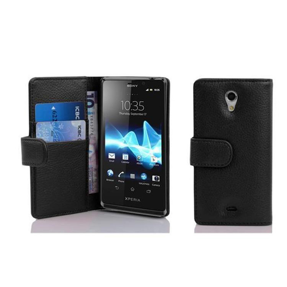 Etui Cadorabo do Sony Xperia T w kolorze OXID BLACK Etui na telefon komórkowy wykonane z teksturowanej sztucznej skóry z funkcją podstawki i miejscem na kartę Etui Etui ochronne Etui z klapką w stylu książki