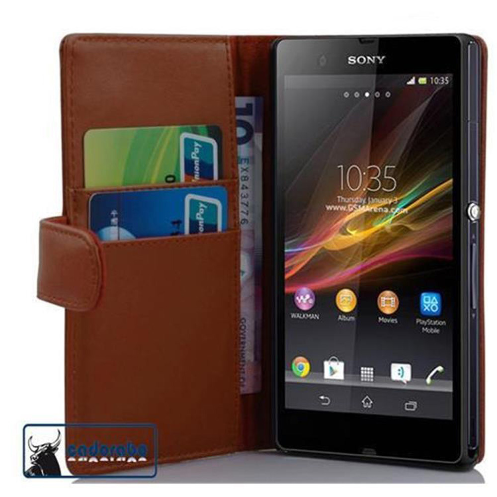 Etui Cadorabo do Sony Xperia Z (1. gen.) w kolorze KAKAO BROWN Etui na telefon komórkowy wykonane z gładkiej sztucznej skóry z funkcją podstawki i miejscem na kartę Etui Etui ochronne Etui z klapką w stylu książki