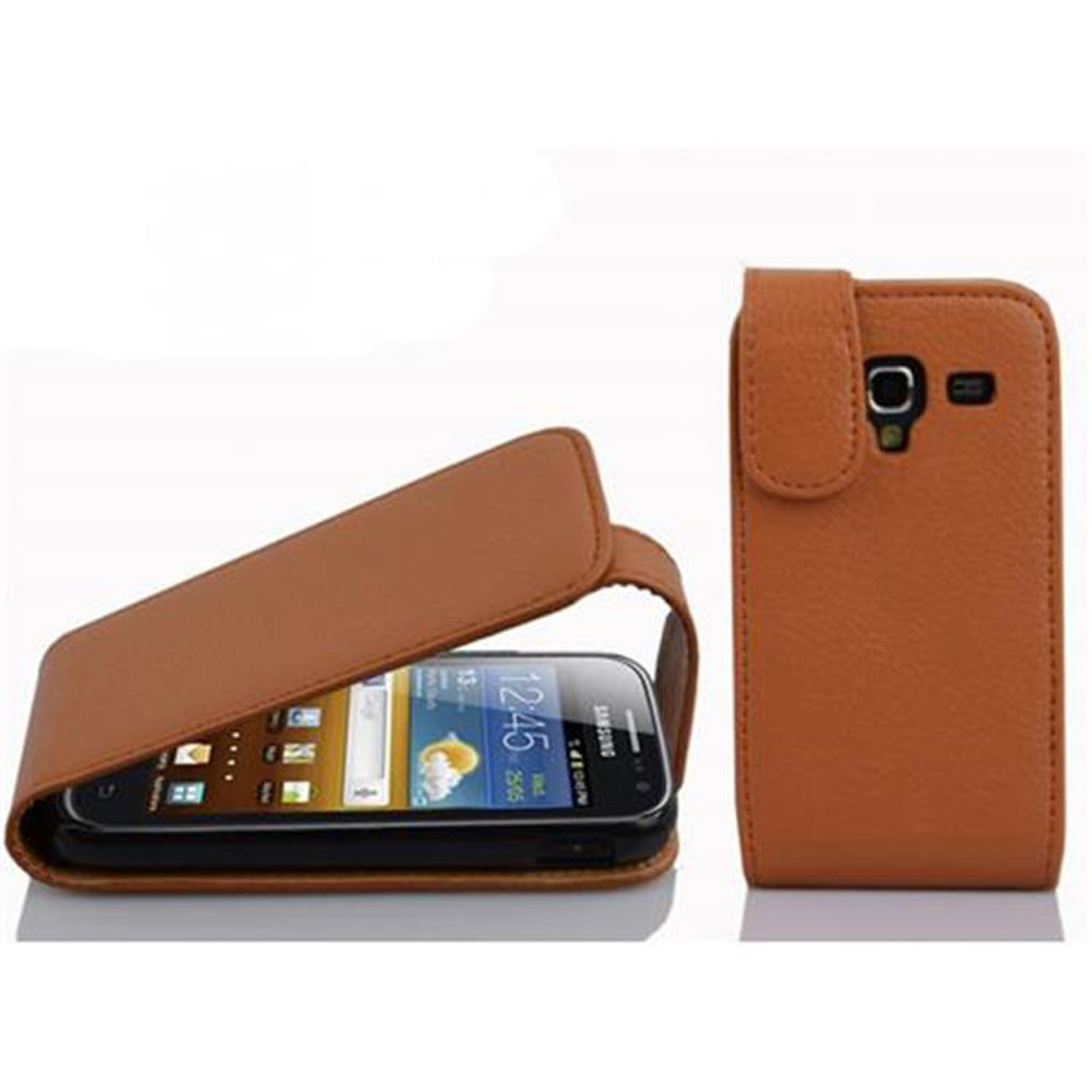 Etui Cadorabo do Samsung Galaxy ACE 2 w kolorze COGNAC BROWN etui na telefon komórkowy z klapką wykonane z teksturowanej sztucznej skóry pokrowiec ochronny pokrowiec z klapką w stylu książki