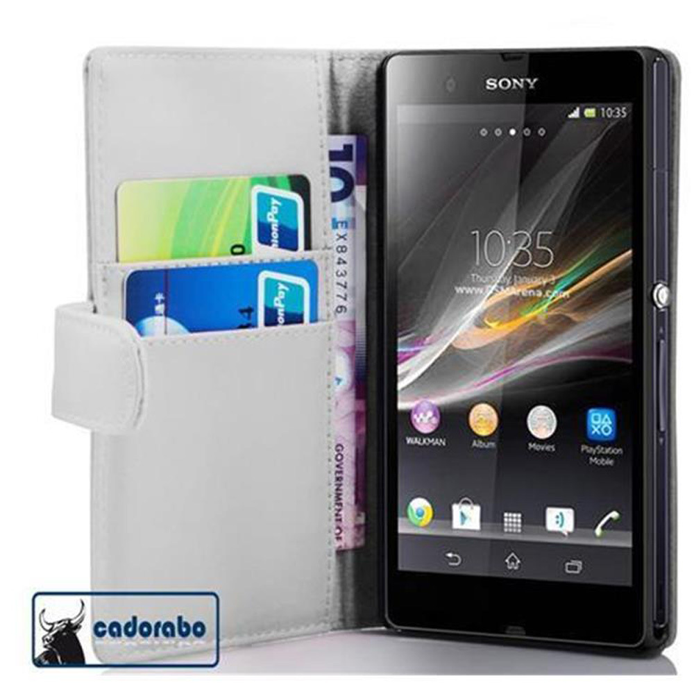 Etui Cadorabo do Sony Xperia Z (1. gen.) w kolorze POLAR WHITE Etui na telefon komórkowy wykonane z gładkiej sztucznej skóry z funkcją podstawki i miejscem na kartę Etui Etui ochronne Etui z klapką w stylu książki