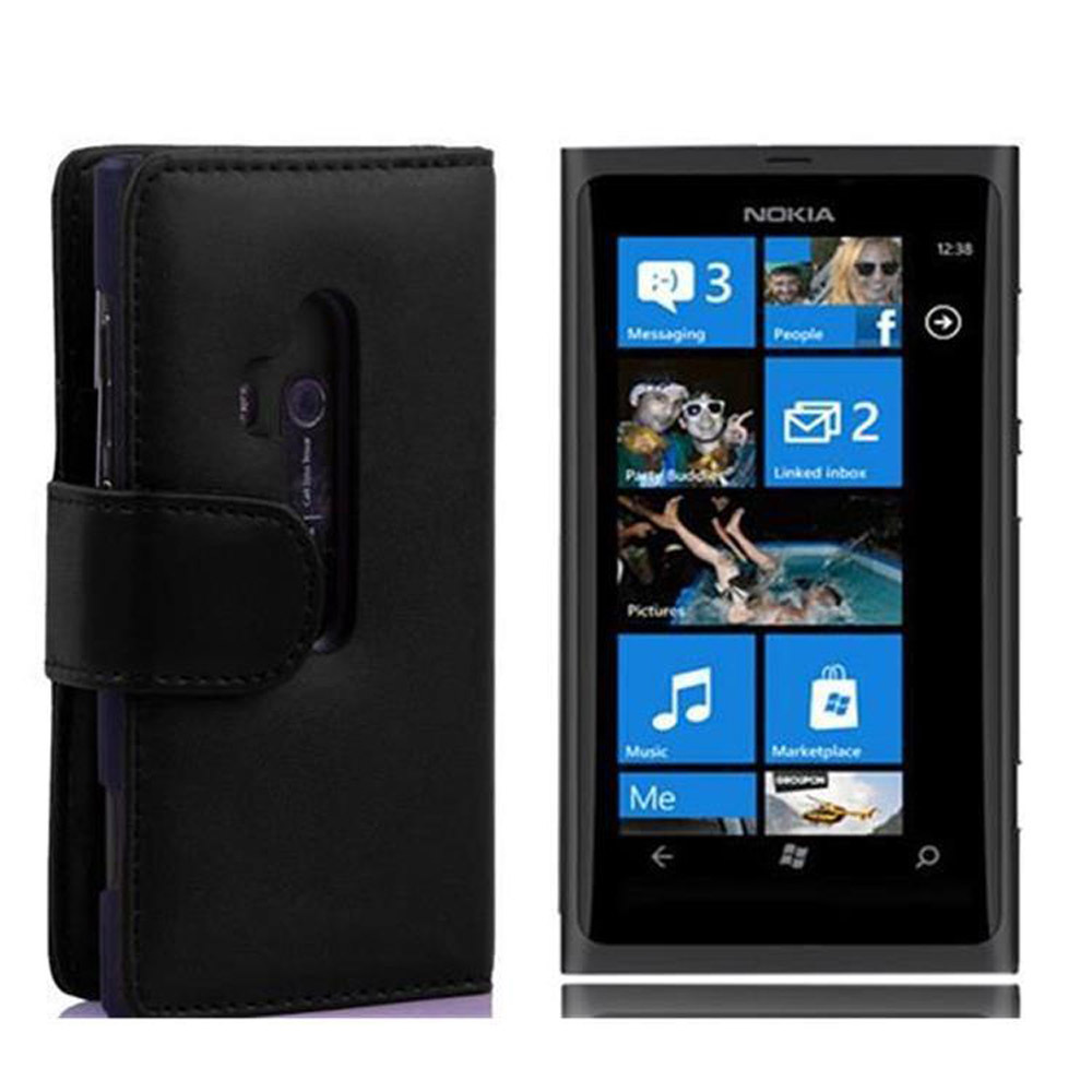 Etui Cadorabo do Nokia Lumia 800 w kolorze KAVIAR BLACK Etui na telefon komórkowy wykonane z gładkiej imitacji skóry z funkcją podstawki i kieszenią na kartę Etui Pokrowiec Ochronny Etui z klapką w stylu książki