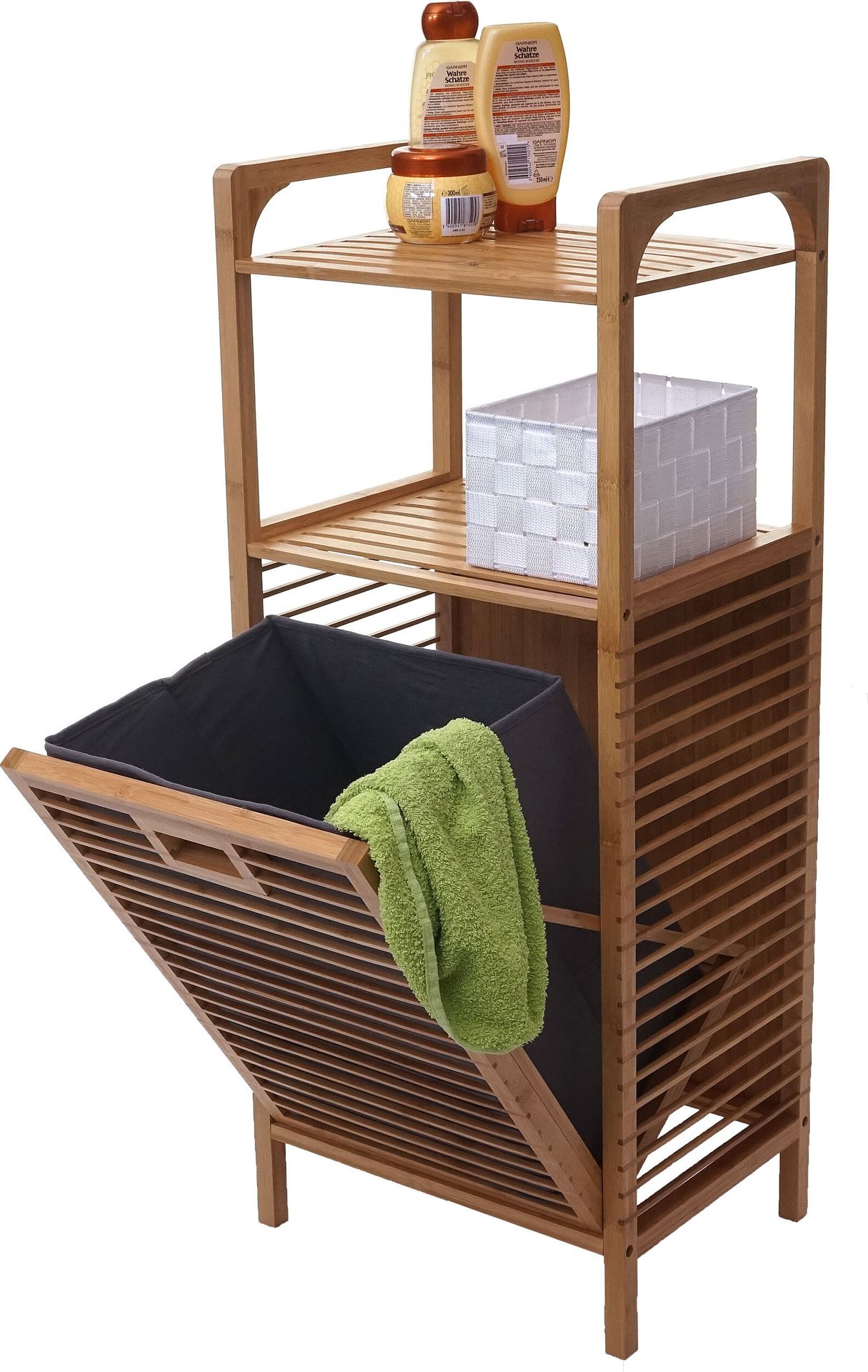 Półka z koszem na pranie HWC-B94, pojemnik na pranie kosz na pranie stojący półka do przechowywania, bambus 95x40x30cm 28l