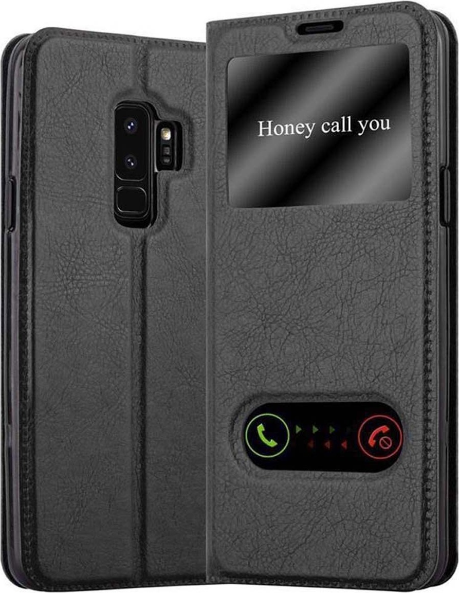 Etui Cadorabo do Samsung Galaxy S9 PLUS w KOMETEN SCHWARZ etui na telefon komórkowy z magnetycznym zamknięciem, funkcją podstawki i 2 okienkami do podglądu pokrowiec ochronny etui z klapką w stylu książki
