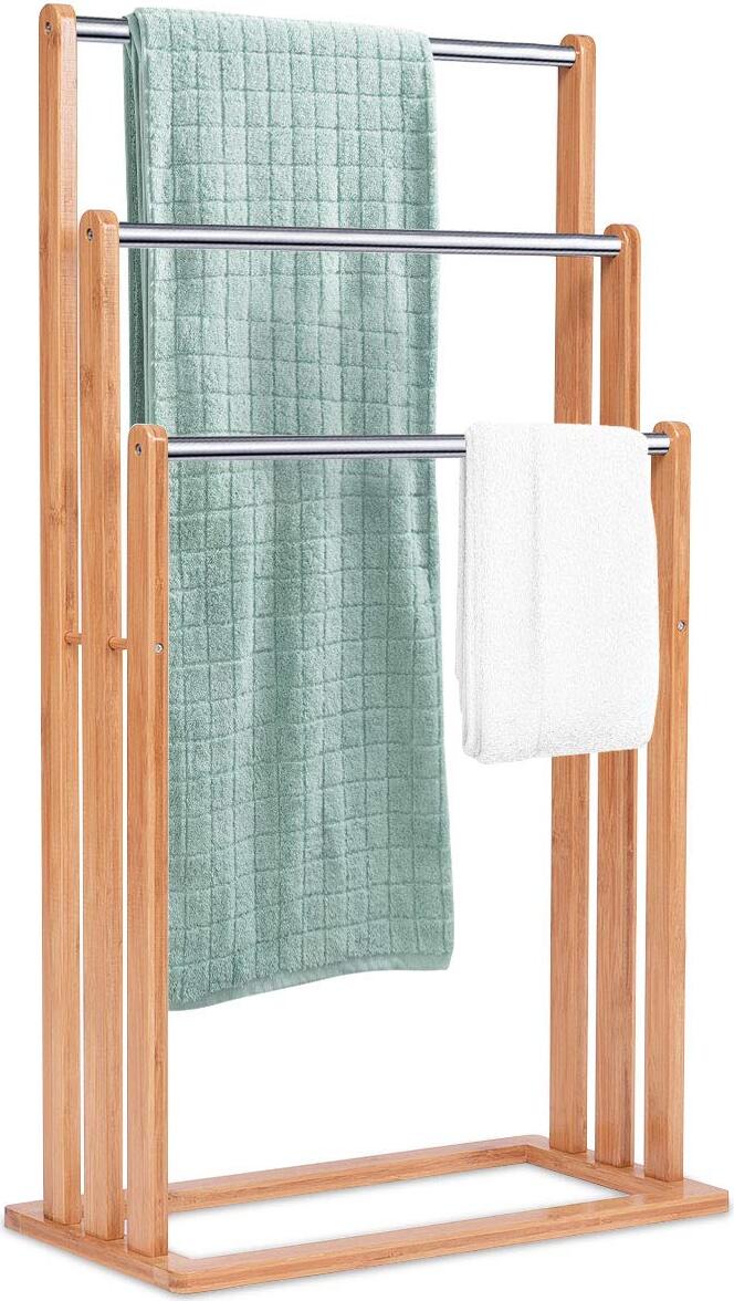 COSTWAY Wieszak na ręczniki Stojący wieszak na ręczniki 3 wieszaki na ręczniki wykonane z bambusa i stali nierdzewnej Wolnostojący wieszak na ręczniki