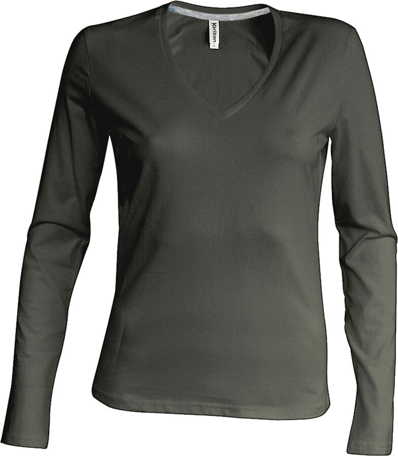 Kariban Ladies T-Shirt V-Neck Long Sleeve K382 Green Dark Khaki L