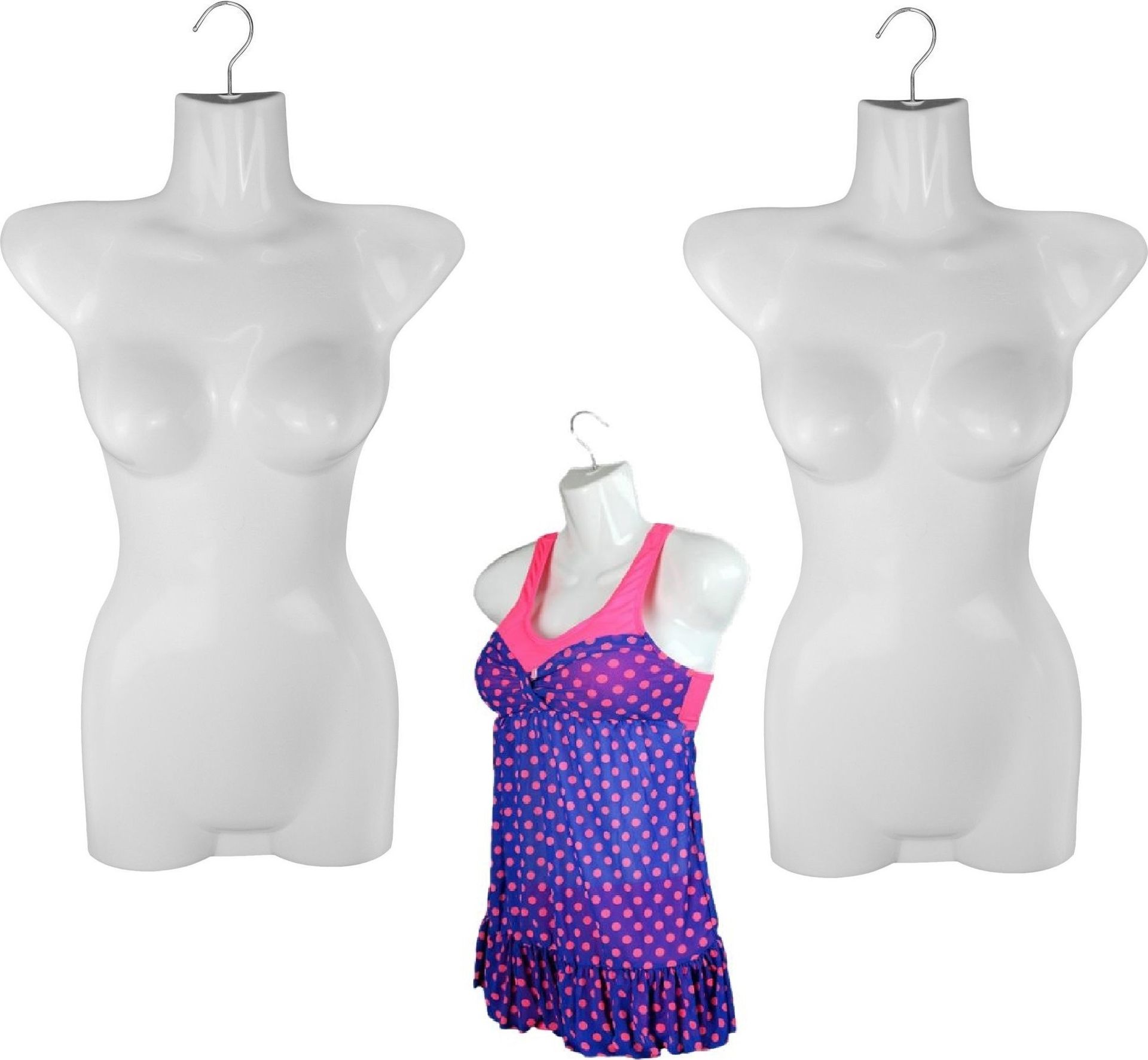 zestaw 3 torsów damskich - plastikowy tors damski 70 cm - górna część korpusu z tworzywa sztucznego w kolorze białym - popiersie manekina - pół plastikowego korpusu damskiego - figurka manekina - manekin ekspozycyjny z haczykami