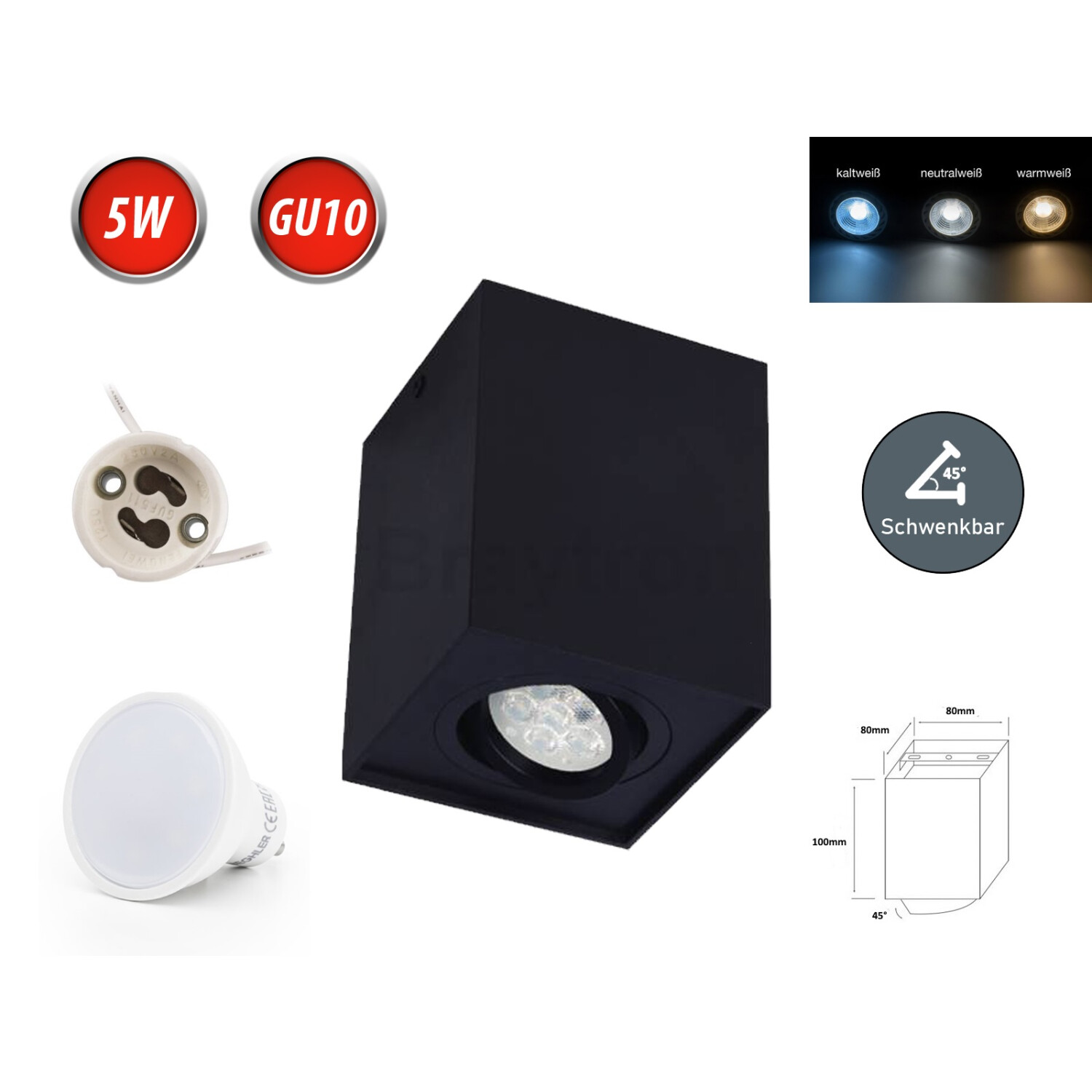 Lampa sufitowa GAMA-SS Reflektor natynkowy Oprawa natynkowa 80x80mm Reflektor obrotowy 45° Kątowy Czarny wykonany z aluminium z gniazdem GU10 5W Żarówka biała zimna