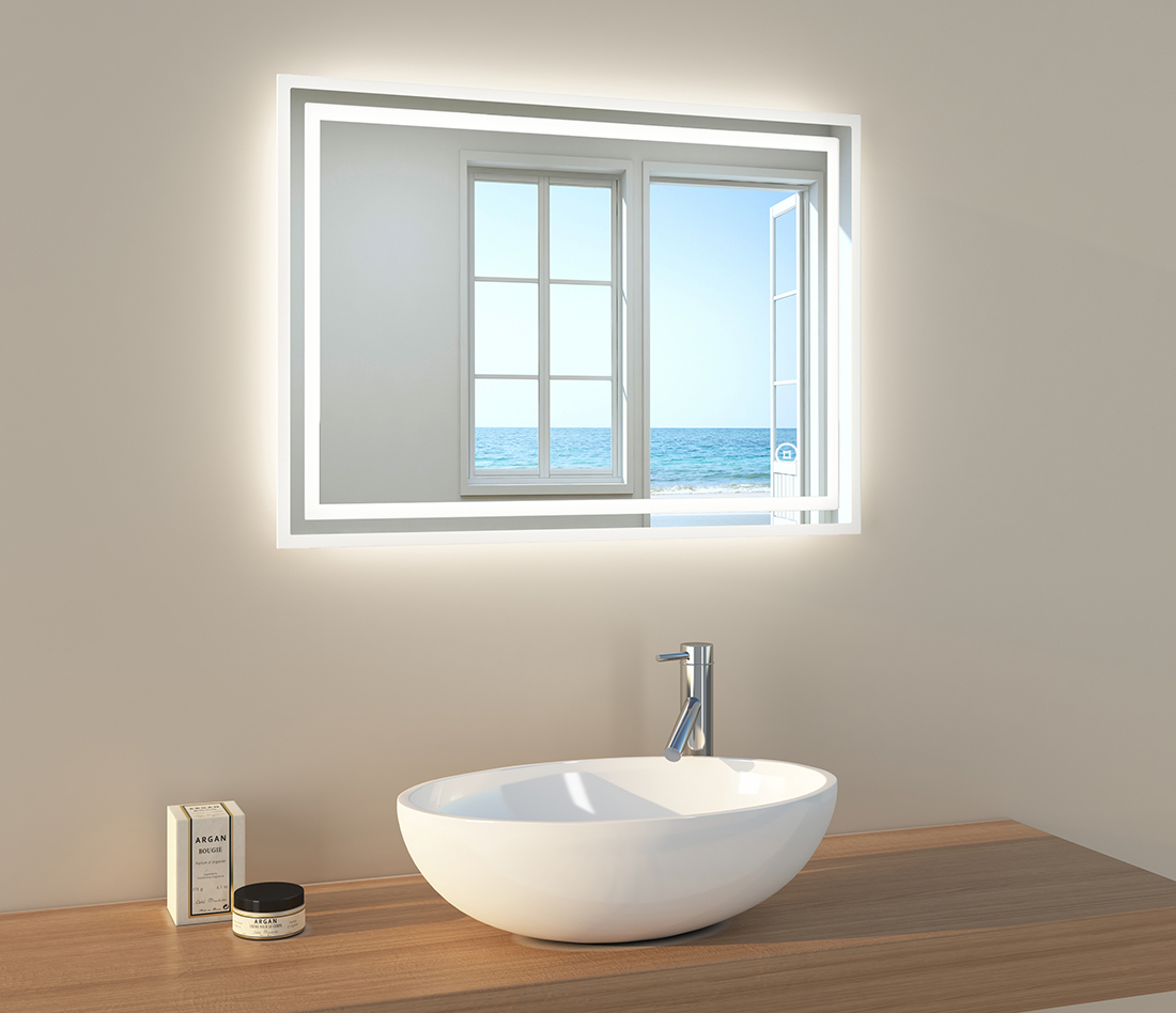 EMKE Lustro łazienkowe LED 70x50cm Lustro łazienkowe z oświetleniem Lustro łazienkowe podświetlane w kolorze zimnej bieli Lustro ścienne z włącznikiem dotykowym + antifog IP44 Energooszczędne