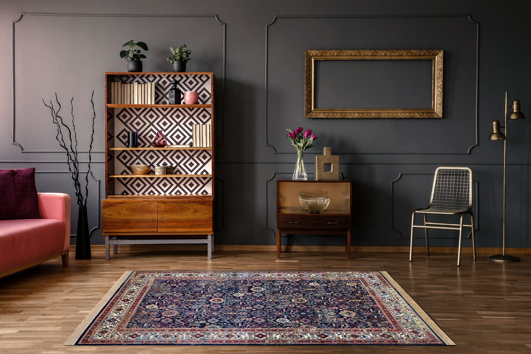 Dywan WINDSOR 22993 ORNAMENT, PRZECIERANY, FRĘDZLE granat / kość słoniowa niebieski 200x300 cm