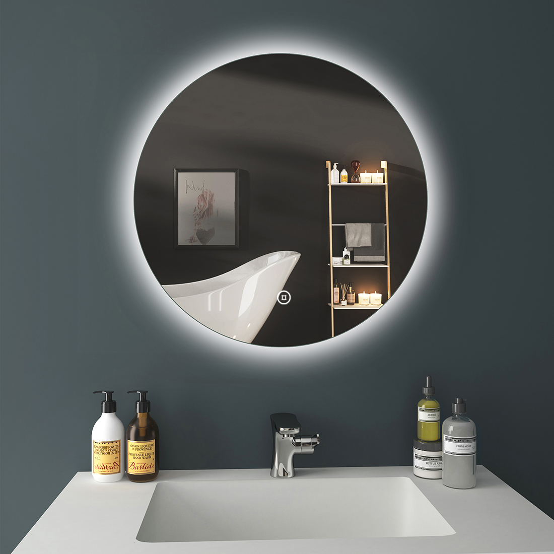 EMKE LED lustro łazienkowe 60cm lustro łazienkowe z oświetleniem 6500K podświetlane lustro łazienkowe okrągłe lustro ścienne z włącznikiem dotykowym IP44 energooszczędne