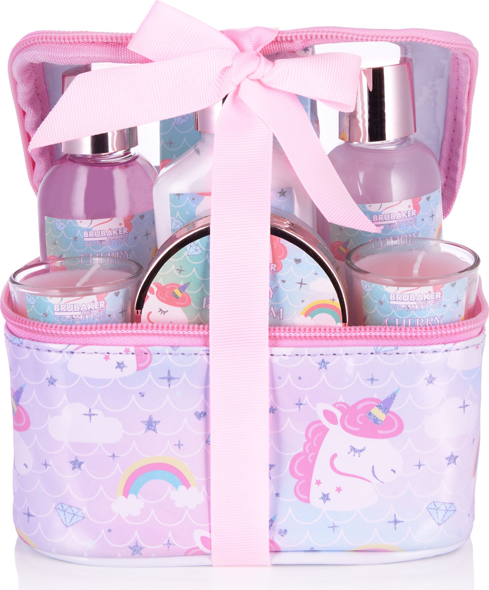 BRUBAKER Cosmetics 7-częściowy zestaw do kąpieli i pod prysznic Unicorn Cherry Blossom - zestaw upominkowy o zapachu kwiatu wiśni z 2 świecami zapachowymi w pudełku kosmetycznym