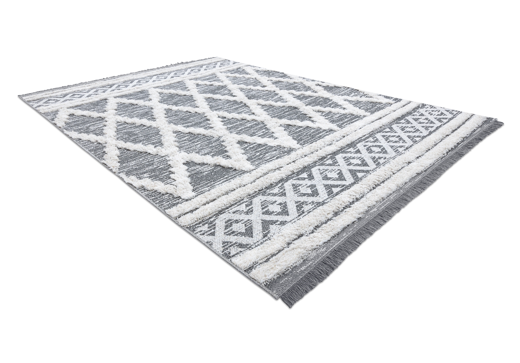 Dywan MOROC Romby 22297 Ekologiczny, EKO SIZAL frędzle - dwa poziomy runa / krem, dywan z bawełny recyklingowanej szary 117x170 cm