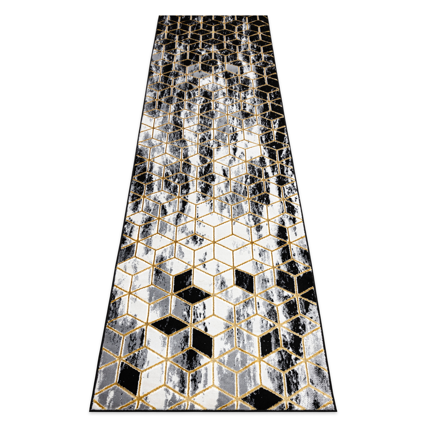 Dywan, Chodnik GLOSS nowoczesny 409A 82 Sześcian, stylowy, glamour, art deco / szary / złoty czarny 60x300 cm