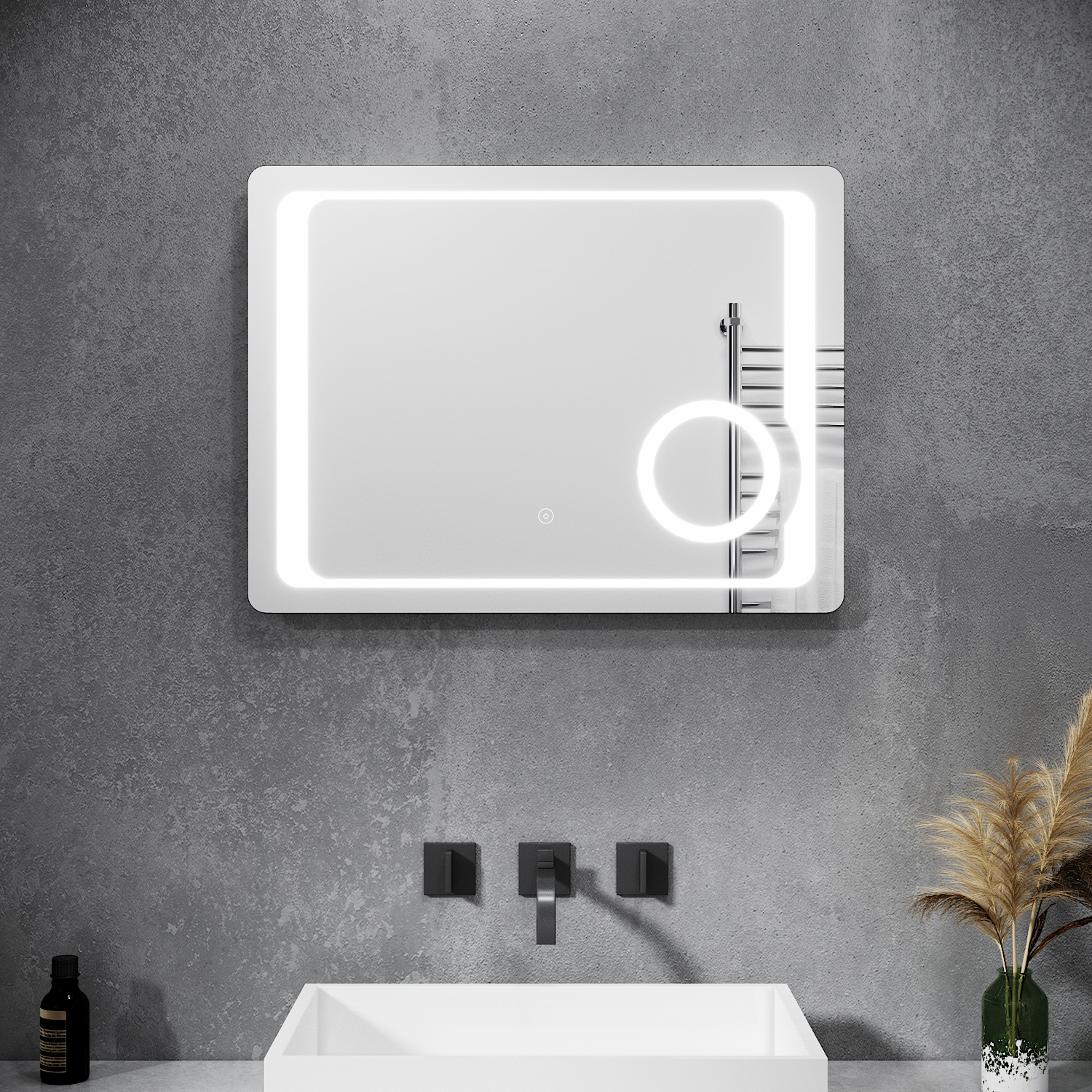 SONNI Lustro łazienkowe LED Bezmgielne podświetlane lustro łazienkowe 80 x 60 cm Lustro łazienkowe z oświetleniem Przełącznik dotykowy Lustro ścienne LED z gniazdem golarki i 3-krotnie powiększającym lusterkiem do makijażu