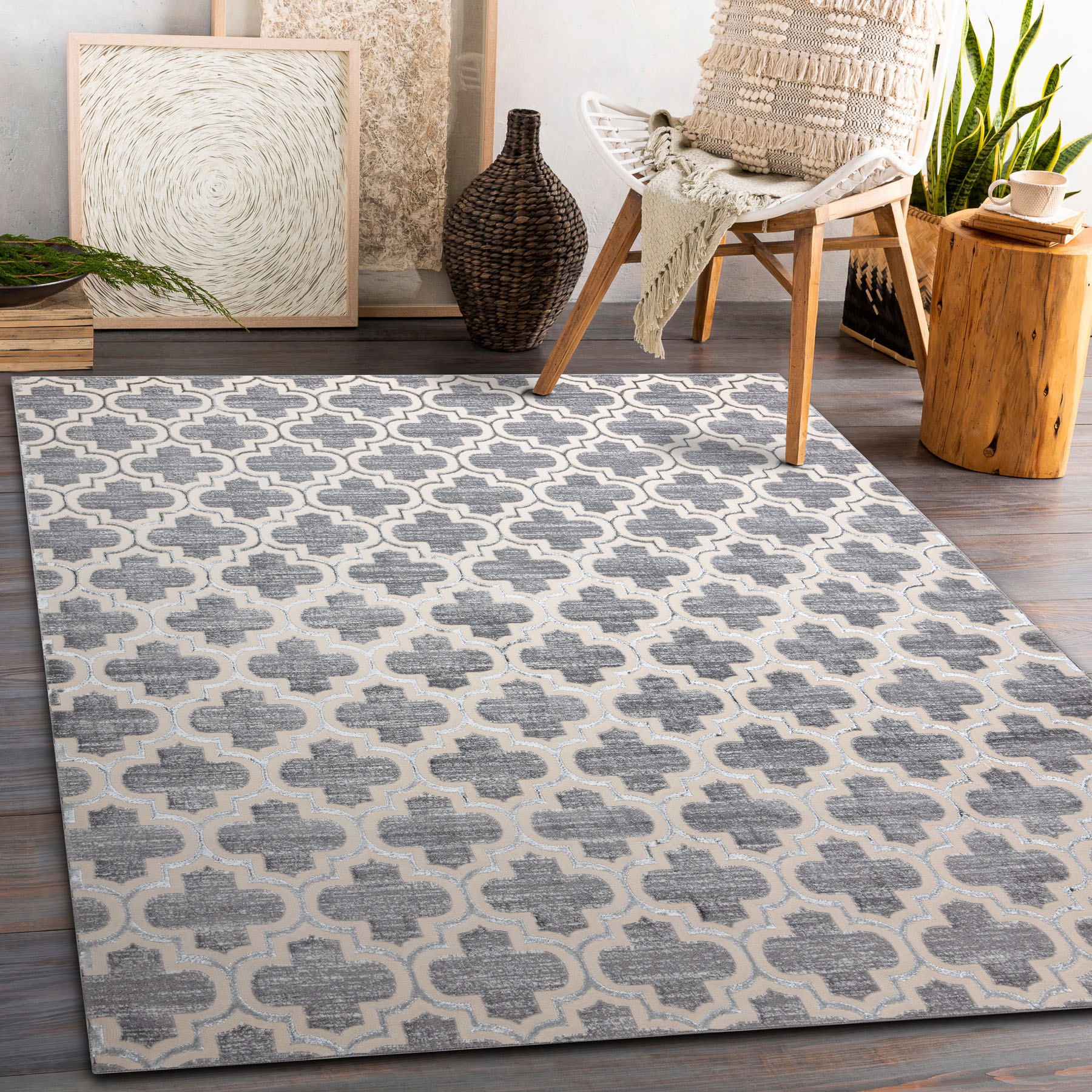 Dywan CORE W6764 Koniczyna marokańska Trellis - Strukturalny, dwa poziomy runa, / krem szary 160x220 cm